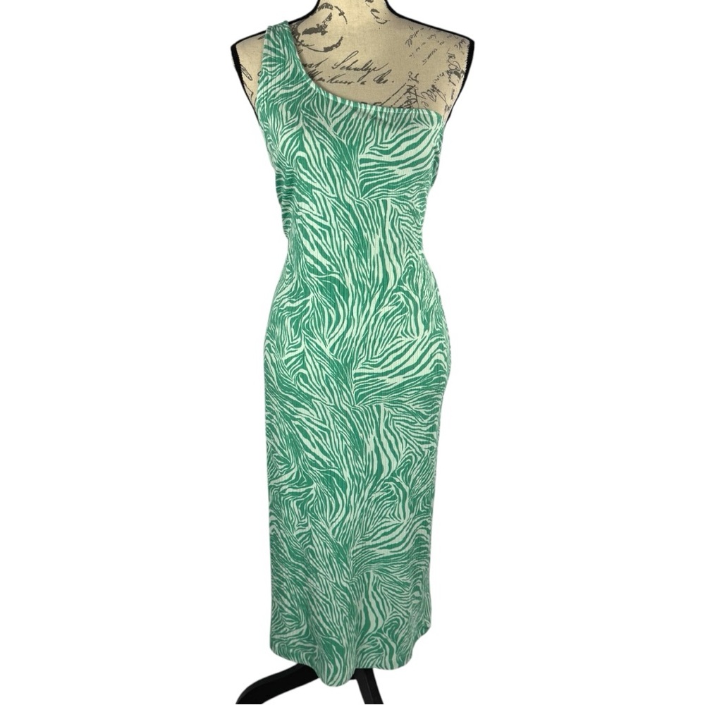 NWT Nine West Womens One-Shoulder Zebra Print Green & White Dress